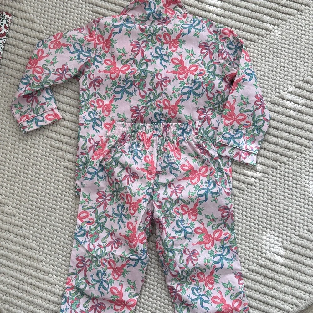 Dondolo Baby Girl Smocked Pajama Set 12M Pink Bow Print NWT Holiday Christmas